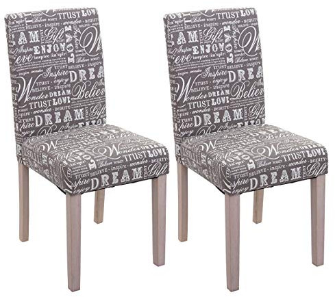 Mendler 2er-Set Esszimmerstuhl Littau, Stuhl Küchenstuhl - Textil mit Schriftzug, grau, Beine Struktur - Eiche