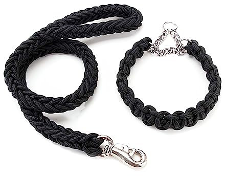 Kabxhueo Strong Rope Dog Lead and Collar Set 4FT Durable Braided Dog Collars and Leads Set Nylon Rope Leashes with Heavy Duty Clips Slip Lead Collar with Metal Chain for Small Medium Large Dogs, Black