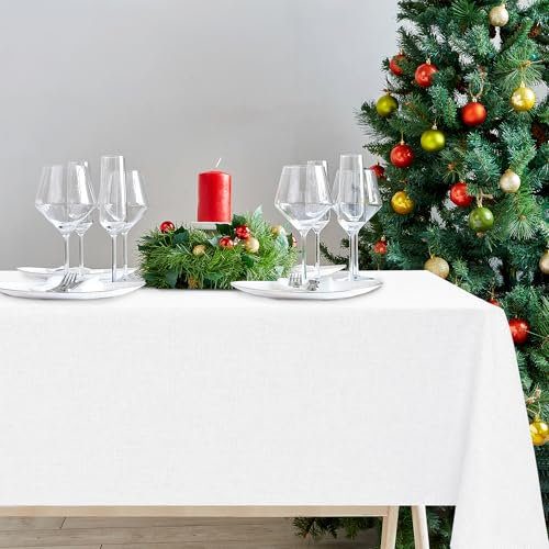 DWCN Weiß Tischdecke Weihnachten Leinenoptik Abwaschbar Tischwäsche Wasserabweisend Tischtuch für Esszimmer, Garten, Party, Hochzeiten oder Haushalt,160x320cm