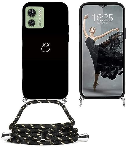 EuoDuo Kompatibel mit Motorola Edge 40 Hülle mit Band Handyhülle Handykette Schwarz Silikon Muster Motiv Schutzhülle Kordel zum Umhängen Necklace Halskette Cover - Lächeln