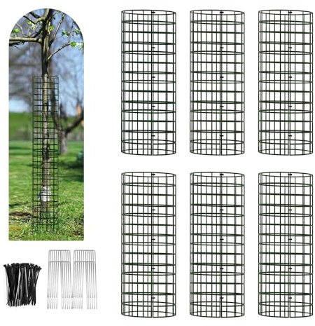 HOLANHING 6/9/12 Pack Tree Trunk Protector, Metal Mesh Tree Bark Protector 5'' Dia x 16-1/2'' H with Zip Ties & Stakes, Expandable Tree Guards Trunk Protector from Deer, Trimmers (6 Packs)