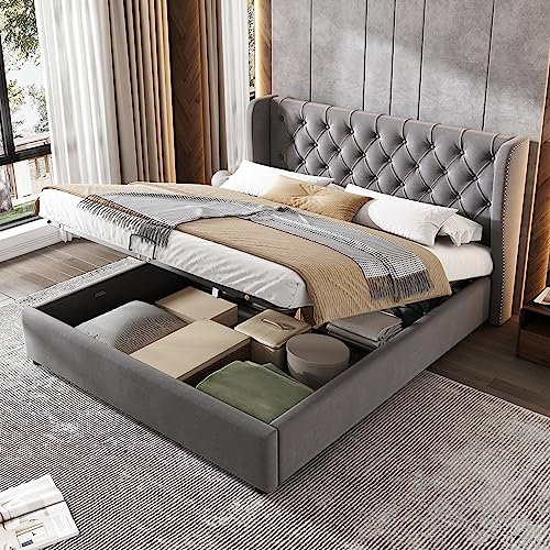 ZUUYEE Polsterbett 140x200, Samtstoff Bett mit Lattenrost und Ohrenform Kopfteil, Hydraulisches Jugendbett mit Stauraum, Große Knopfnähte Doppelbett 140x200, Grau