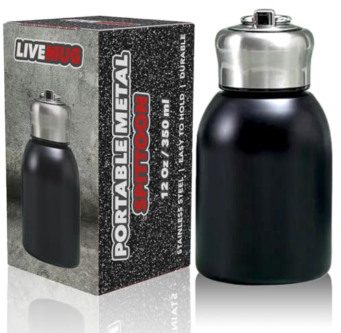 LIVEMUG Spittoon for Chewing Tobacco | Stainless Steel Portable Spit Cup, Dip Spitting Accessories | Wide Mouth Spill Resistant Spitter Jug with Lid | Travel Spitune 12 Oz, Black
