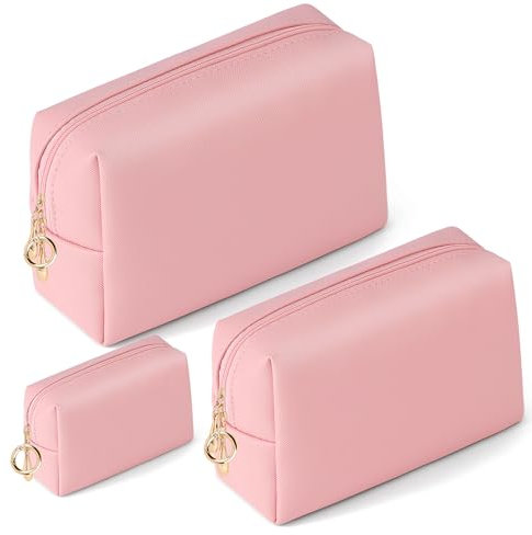 Beauty Case da Viaggio 3 Pezzi - Borsa per Cosmetica, Trousse Trucchi, Pochette Portatile, Accessori da Viaggio in Pelle PU - Borsa da Toilette Set Grande Capacità per Donna e Ragazze (Rosa)
