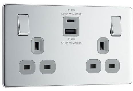 BG Electrical Double Switched Power Wall Plug Socket with Fast Charge Type A and C USB Ports, Screwless, Flatplate, Polished Chrome, Grey Inserts, 13A, 22W, FPC22UAC22G