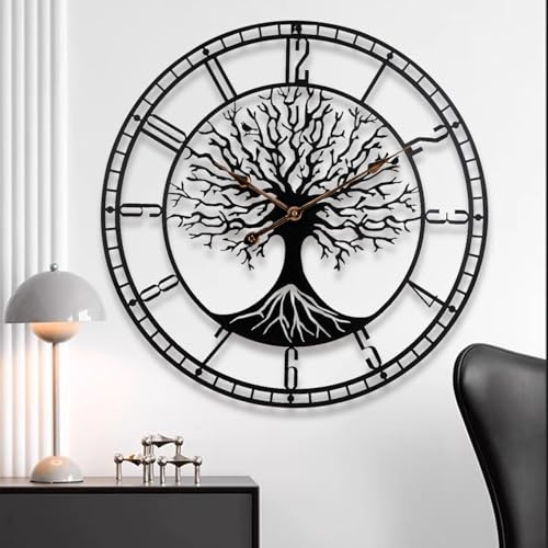Dankeit Orologio da parete con albero della vita, grande orologio da parete in metallo nero, orologio da parete oversize da 61 cm per soggiorno, camera da letto, decorazione della casa, orologio