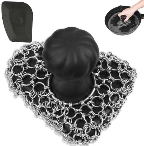 Cast Iron Scrubber with Handle | Dish Metal Scrubber | 316 Cast Iron Cleaner Chainmail Scrubber for Cast Iron Pan Skillet- Iron Scrub Brush Steel Wool Scrubber Cleaning Kit (1 Scrub + 1 Scraper)