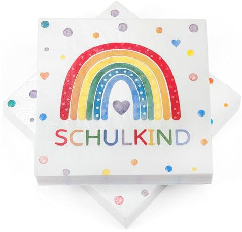 40 Stück Servietten Einschulung Regenbogen, Tischdeko Einschulung Servietten SCHULKIND Deko 2025 Mädchen Junge, Schulanfang Deko, Regenbogen Party, 33 x 33 cm
