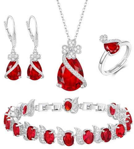 EVER FAITH 4 Stk Klee-Schmuck-Set Birne geformt Cubic Zirkonia Halskette Ohrringe Tennis Armband Ring-Sets formale Schmuck Geschenk für Damen Rot Silber-Ton