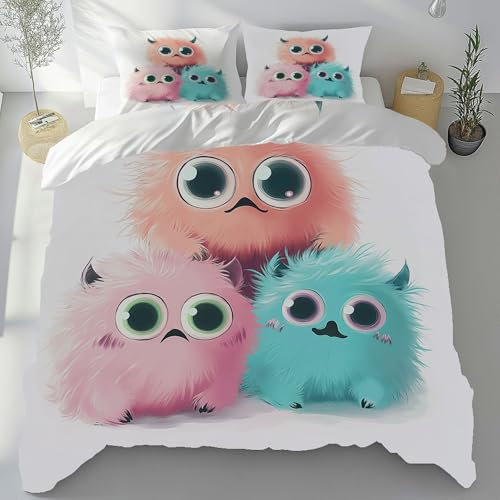 Meugesoi Karikatur Monster Bettbezugs Set 155x220 cm, Niedlich Monster Bettwäsche Mikrofaser Weich Atmungsaktiv mit Reißverschluss, Bettbezug 155x220 cm mit 2 Kissenbezüg 80x80 cm
