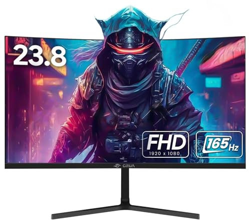 CRUA 24 Inch Curved Gaming Monitor, 165Hz/144Hz FHD 1080P, Frameless Screen with AMD FreeSync, 99% sRGB, HDMI & DP Ports, Wall Mountable PC Monitor – Black