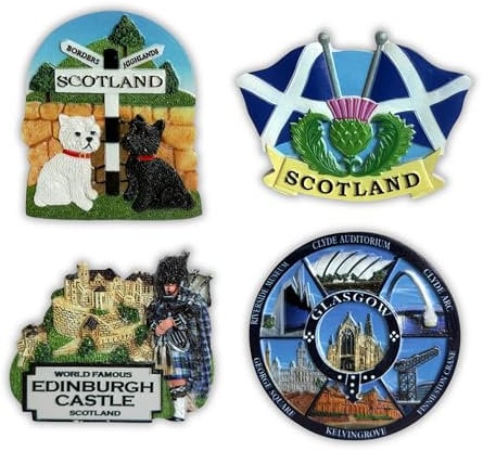 SAJAK Scotland Fridge Magnets Set of 4 - Scottish Souvenir Pack with Edinburgh Castle, Westie Terrier Dogs, Bagpipes, Saltire Flag, Thistle, Piper, Glasgow UK Travel Gift, Resin Kitchen Decoration