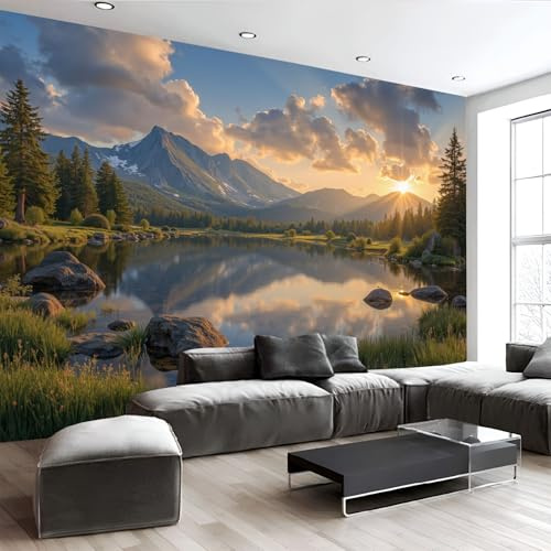 Fototapete 3D Effekt Dekoration Wandbild, Sonnenlicht Seen 250x175cm (B×H) Seidenstoff Tapete Wandtapeten - 260g/m2 Fototapete Berge Landschaft Panorama Wanddeko, Blaugrün