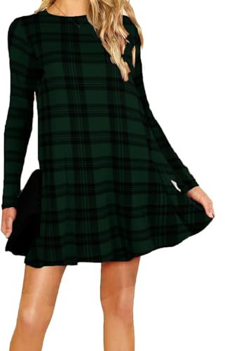 Womens Ladies Party Dresses for Women UK Long Sleeve Midi Plain Flared A line Skater Swing Dress Jersey Tee Plus Size Dress Summer Winter Bottle Green Tartan 12-14