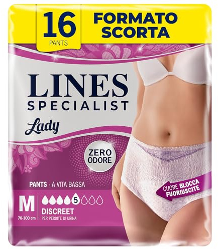 Lines Specialist Pants Lady Discreet - Bragas absorbentes para incontinencia mujer, cintura baja, femenina y discreta, cero olor y barreras laterales protectoras, talla M, 2 paquetes de 8 unidades