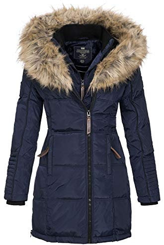 Geographical Norway Beautiful Lady - Warm Mid Thick Parka Frauen Herbst Winter - Fin Mantel Kapuze Pelz - Jacke Windschnitt Daunenjacke Long - Elegant Fraus (Marine S-Größe 1)