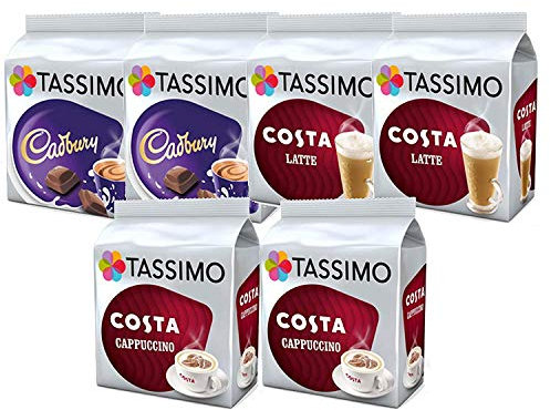 Tassimo Coffee Selection - Costa Latte/Costa Cappuccino/Cadburys Hot Chocolate -6 Packs (48 Servings)