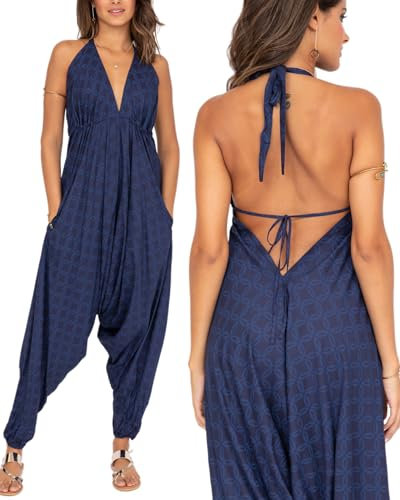 likemary Jumpsuit Damen Sommer – Luftiger Overall mit Neckholder – Einteiler mit Rückenausschnitt & Taschen – Festliches Outfit Damen für Urlaub & Alltag - Blaue Scheiben