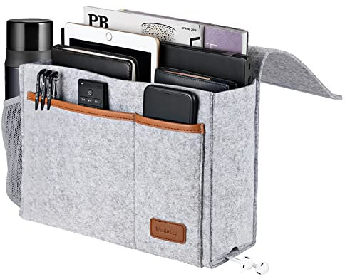 Nachttisch-Caddy, Filz-Bett-Organizer, Hängetaschen-Halter mit 5 Taschen, Zeitschriftenbuch, Telefon, Tablet, iPad, Kabel, Fernbedienung und Wasserflaschenhalter für Zuhause, Schlafsaal, Bett, Sofa,