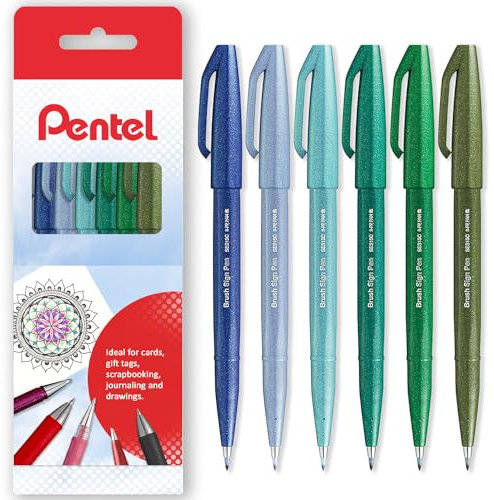 Pentel Brush Sign Pen SES15C - Brush Nib - Fibre Tip - Cool Tones - Set of 6 - In Gift Box
