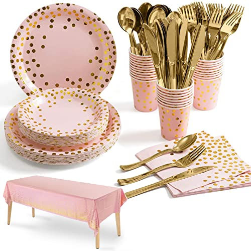 Nkaiso Vajilla de fiesta,141piezas Rosado puntos dorados Reutilizable set de juego de platos y cubiertos, cubertería de cartón, vasos y servilletas, para cumpleaños, bodas, aniversarios - 20 invitados