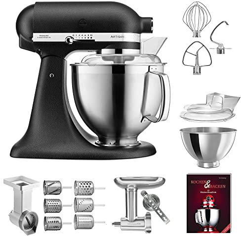 KitchenAid maschine - P21 Profi Set Deluxe 185er (AM) - 5KSM185PSEBK inkl. Gemüseschneider (MVSA), Zusatztrommeln (EMVSC), Fleischwolf Ganzmetall (5KSMMGA) und Kochbuch, Gusseisen Schwarz