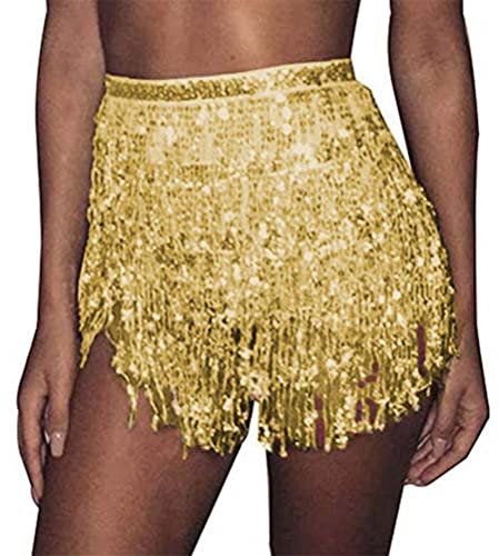 Minetom Damen Bauchtanz Und Latin Dance Glitzer Rock Pailletten Quaste Tanzröcke Fransen Outfits Röcke Bauchtanz Hüfttuch Gürtel Röcke A1 Gold One Size