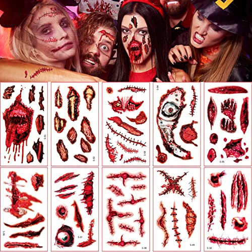 Halloween Zombie Scar Tatouage, FainFun 10 Pièces Blessure Halloween Tatouage, Cicatrice Visage Halloween, Halloween Imperméable Tatouage Temporaire, D'horreur Sanglante, Effrayant (Rouge)