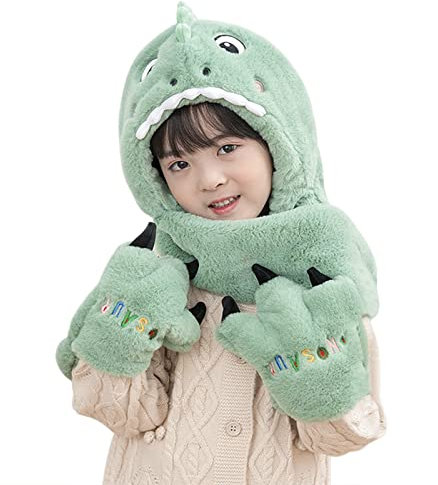 Kinder Winter Dinosaurier-Kapuzenschal Niedliches 3 in 1 Mützen-Schal-Handschuh-Set Cartoon Schlupfmütze Weiche Lammwolle Kapuzenschal Handschuhe Gepolstert Wintermütze Schals für Jungen Mädchen