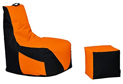 Momiralland Gaming Sitzsack - mit Lehne Sitzkissen - Beanbag - BodenKissen Sessel In- & Outdoor geeignet - Gaming mit PC Xbox & Playstation (Schwarz - Orange, Sitzsack + Hocker)