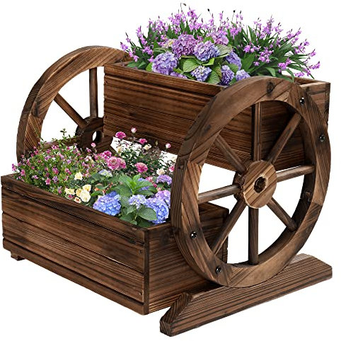 OIPRTGFJ Holzwagen-Pflanzgefäß, Garten-Pflanzgefäß mit Rädern, dekorativer Blumenübertopf für Blumen, Kräuter, Gemüse für Innen- und Außendekoration, Holz-Blumenwagen für Terrasse, Garten, Balkon