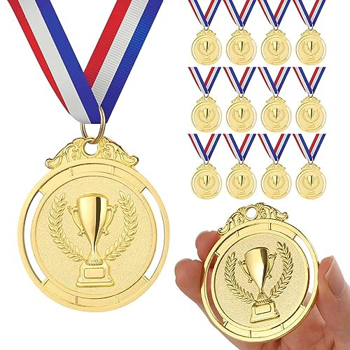 GeeRic 12 Pièces Médaille d'or avec Rubans de Cou, Médaille de Récompense pour Enfants, Médailles Gagnantes Prix d'or pour Sports, Compétitions, Fête, Style Olympique 5cm