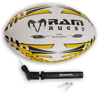 Ram Rugby Développeur de passe avec pompe – Ballon d'entraînement lesté – Améliore la force et la distance – Prise en main 3D – Caoutchouc synthétique de qualité ultime – Disponible en tailles 5 (1
