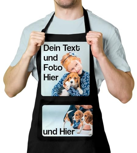 BLAK TEE — Schürze Personalisiert mit Ihrem Foto und Text Wunschmotiv — Kochschürze Selbst Gestalten — Personalisierte Geschenke für Männer und Damen — Verstellbarer Kragen und Vordertasche D.Schwarz
