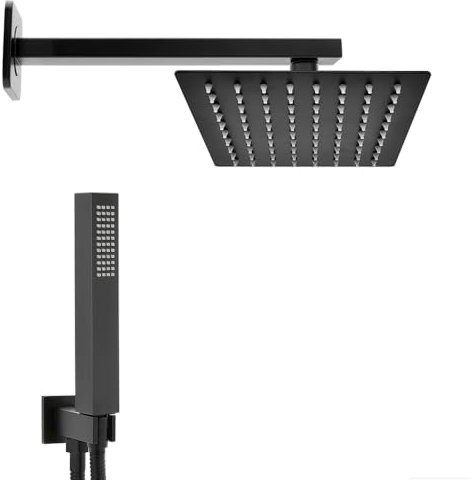 Set doccia nero opaco con braccio soffione rettangolare 30x20 cm e kit doccia completo di doccino, presa acqua e flessibile