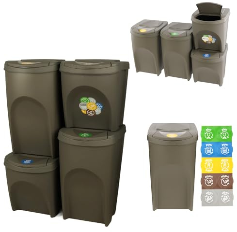 botle Mülleimer- 4er Set 120 L Mülltrennungssystem - Set aus 2x35 L + 2x25 L Abfalleimern in Grau zum Stapeln Kompakt modulare und Licht Einfache Sortierung des Hausmülls Kunststoff