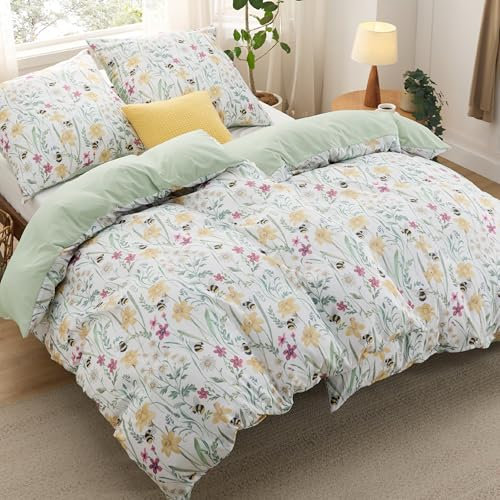 BEDSURE Bettwäsche 135x200 4teilig Bettbezug - Bettwäsche-Sets 135 x 200 cm 2er Set mit 2 Kissenbezüge 80x80cm, ÖKO-TEX Wendebettwäsche Bedding Grün Blumen Pflanze Muster mit Reißverschluss