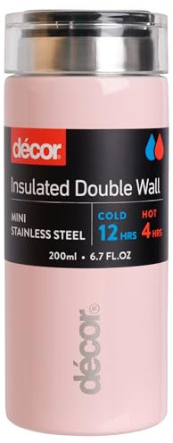 Décor Double Wall Stainless Steel Travel Mug - Keeps 4 Hours Hot - 12 Hours Cold - Car Cup Holder Compatible - Removable Screw Top Lid - 200ml Dusty Pink.