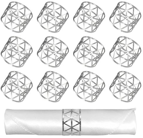 Anillos de Servilleta, Aro de Servilleta Hebilla Ahueca Servilleteros de Metal, Decoración de Mesa para Fiesta de Boda Cumpleaños Navidad, 12 Piezas (Plata)