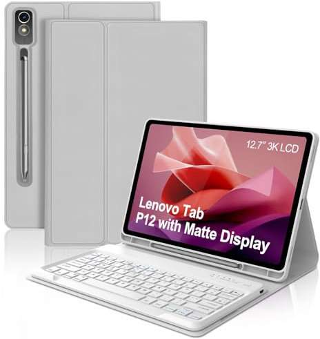 Lenovo Tab P12 12.7'' 2023 Keyboard Case, QWERTY UK Layout Detachable Bluetooth Keyboard, Slim Smart Case for Lenovo Tab P12 2023, Grey