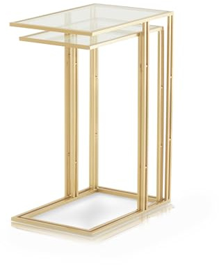 KHG Beistelltisch 2er-Set, Tischplatte aus Klar-Glas Kufen-Gestell C-Form | Metall goldfarben, 10 kg belastbar, 68x50x33 cm, vielseitig einsetzbar, praktisch im Alltag, pflegeleicht nutzbar