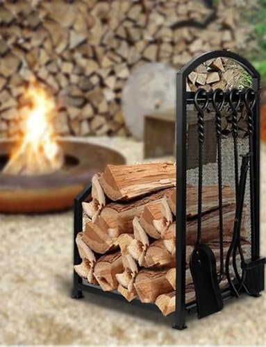 Brennholzregal, Holzregal, Kaminholzhalter, Holzaufbewahrungsset for den Innen- und Außenbereich mit Kaminbesteck-Set