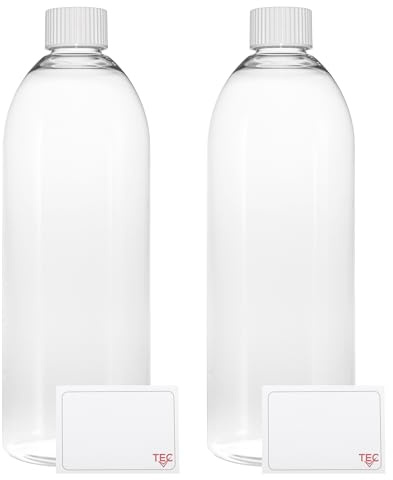 TEC 750ml Pet Plastic Bottles with 38/410 White Lids (2) | UK Made Boston Caps Clear Empty Containers Tall Round 30% Recycled RPET and Fully Recyclable