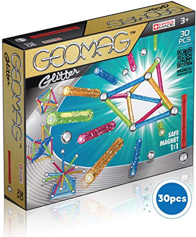 GEOMAG - CLASSIC GLITTER 30 Teile - Glitzerndes Magnetische Bausteine für Kinder ab 3 Ja- Hergestellt in der Schweiz - 13 Glitzernde Farbige Stäbe, 16 Kugeln, 1 Konstruktionsbasis - Magnetspielzeug