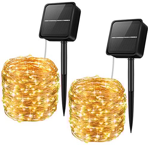 Criacr Solar Lights Outdoor, (100 LED, 2 Modes) Solar String Lights, 33ft/10m Solar Garden Lights, Auto on off, Waterproof String Lights for Patio, Garden, Home, Party (Warm White-Pack of 2)