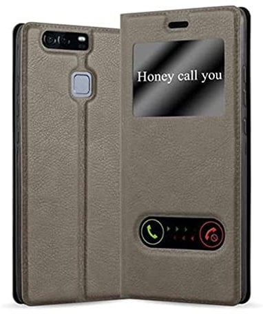 Cadorabo Hülle kompatibel mit Huawei P9 in Stein BRAUN - Schutzhülle mit Magnetverschluss, Standfunktion und 2 Sichtfenstern