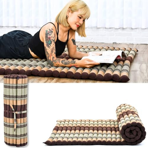 Leewadee Faltbare Bodenmatratze - Japanischer Rollbarer Futon - Tatami Faltmatte - Gästebett - Camping Matratze - Thai Massage Matte, Kapok Füllung, Braun