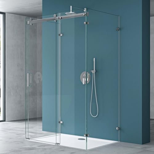 Mai & Mai U-Form Duschkabine 90x140x90cm Rahmenlos Höhe:195cm 8mm Schiebetür Duschabtrennung ESG Nano Klarglas 4-Punkt Halterung Duschwand Rav17-2UK