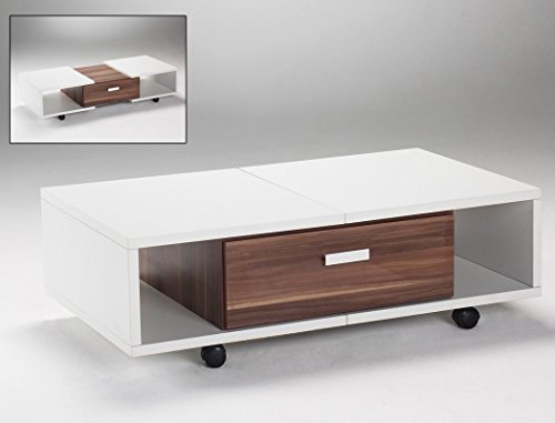 expendio Couchtisch Immo 105 bis 132x33x62 Tisch ausziehbar rollbar weiß Nussbaum Dekor Sofatisch Wohnzimmer Wohnzimmertisch Ausziehtisch