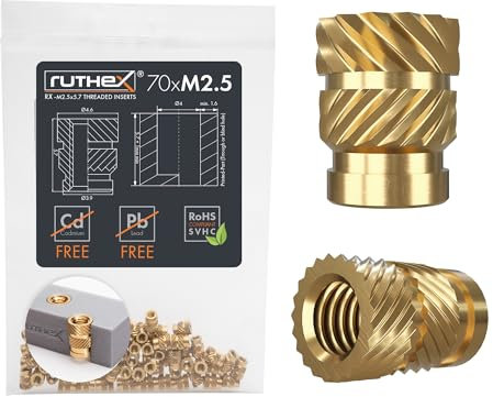 ruthex Inserto filettato M2,5-70 pezzi RX-M2,5x5.7- Boccole filettata in ottone- dado di inserimento per parti plastica - utilizzabile in parti in plastica stampate in 3D tramite calore o ultrasuoni